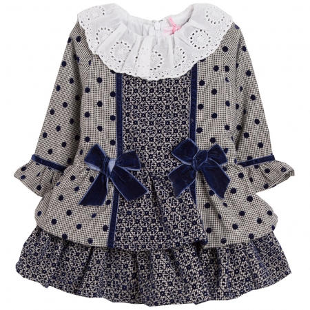 Spanish Baby Girls Navy Grey Dress White Collar Navy Bows