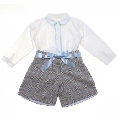 Spanish Made Girls Ivory Blouse Grey Checks Shorts Set
