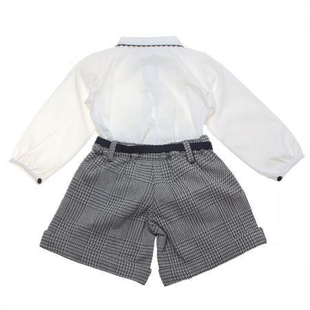 Spanish Made Girls Ivory Blouse Navy Gingham Shorts Set #2