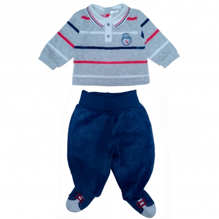Tutto Piccolo Baby Boys Grey Stripes Top Navy Trousers Set