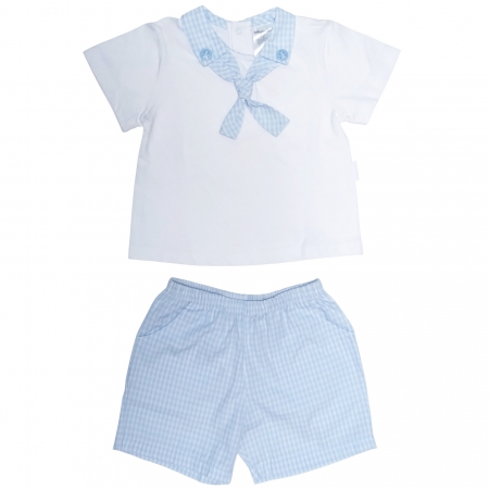 Tutto Piccolo Baby Boys White Blue Sailor Top Blue Gingham Shorts Set