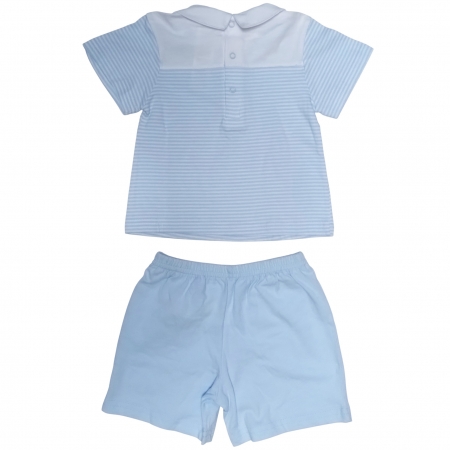Tutto Piccolo Baby Boys White Blue Stripes Top Blue Shorts Set #2