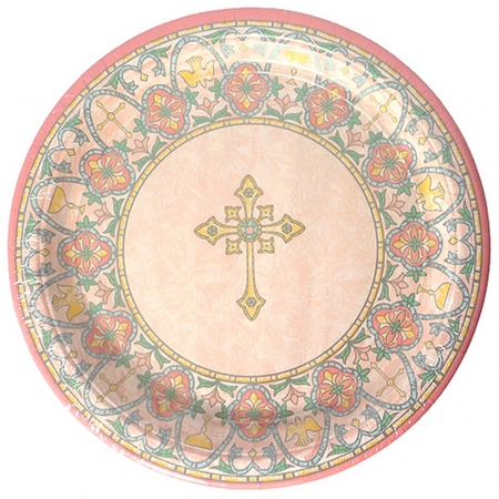 Set of 8 Communion Or Christening Party Plates Stained Glass Design